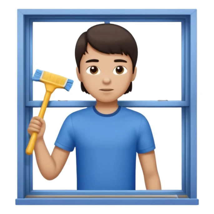 boy dark brown hair with bangs with straight eyebrows cleaning sticker