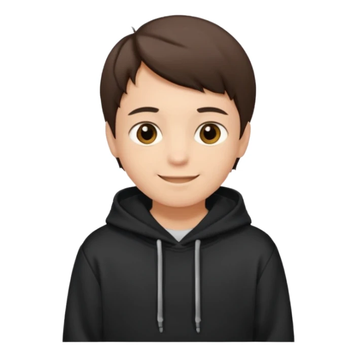 A brunette boy, short straight hair, light brown eyes, with a black sweatshirt with a hoodie, and smile  sticker
