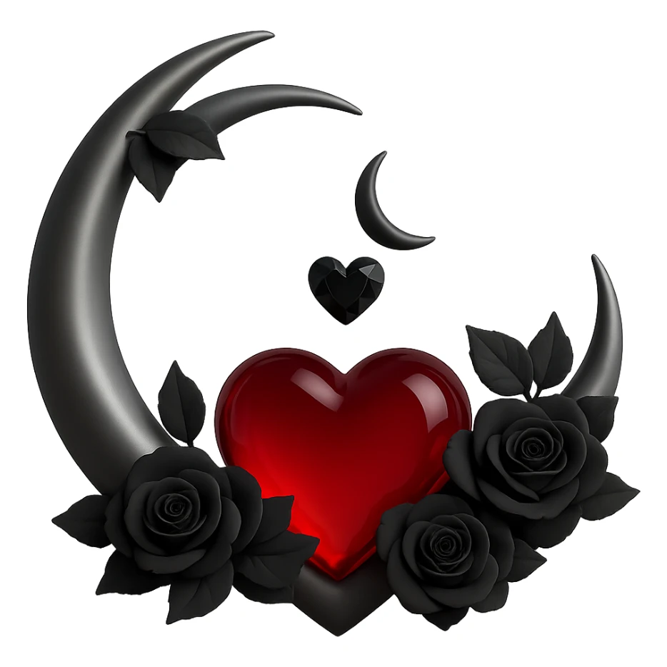 Change the heart to red glass, keep the silver crescent moon and small black roses, gothic and luxurious style. The original style is 3D emoji style but it does not support editing, so use a general style editor to achieve a 3D emoji look with no background. sticker