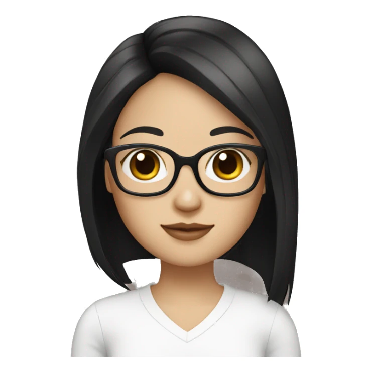 Create me a girl with a square cut, black hair, and square glasses and white skin and dark brown eyes with a laptop  sticker