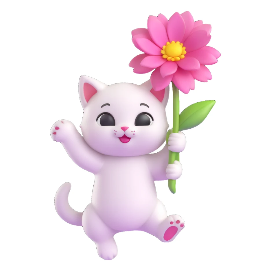 A cute white kitten holding a large pink flower, floating in the air, in 3D iOS emoji style with soft gradients and glossy finish, no background. sticker