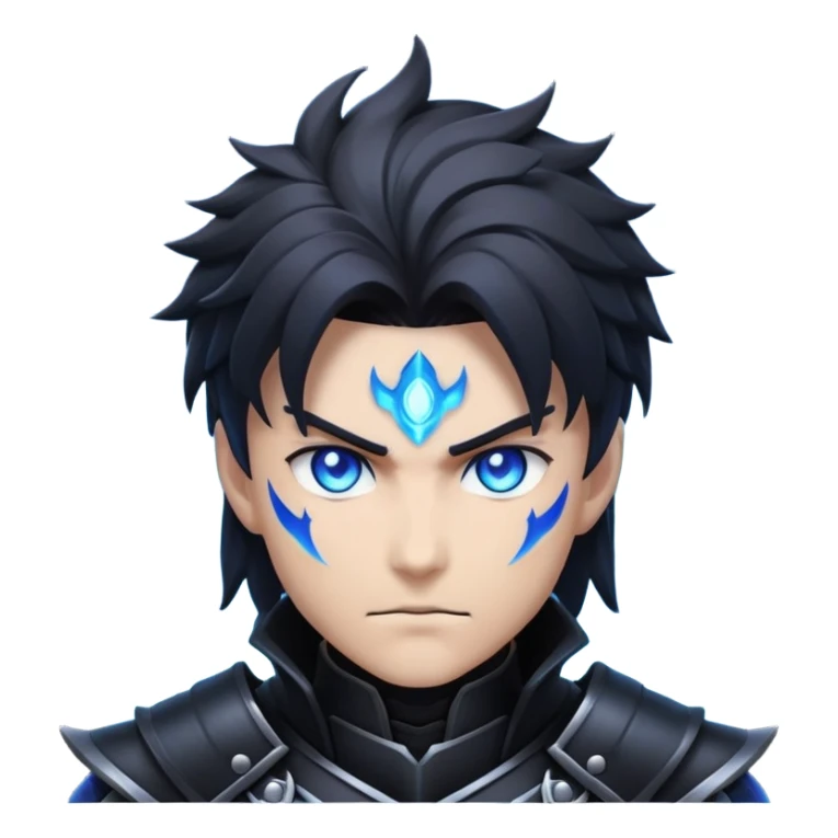 Anime-style emoji of a powerful dark hunter with black armor, glowing blue eyes, sharp hairstyle, surrounded by shadow aura. Inspired by Solo Leveling: Arise aesthetic. Dramatic, intense, mysterious expression. High contrast, heroic vibe.
 sticker