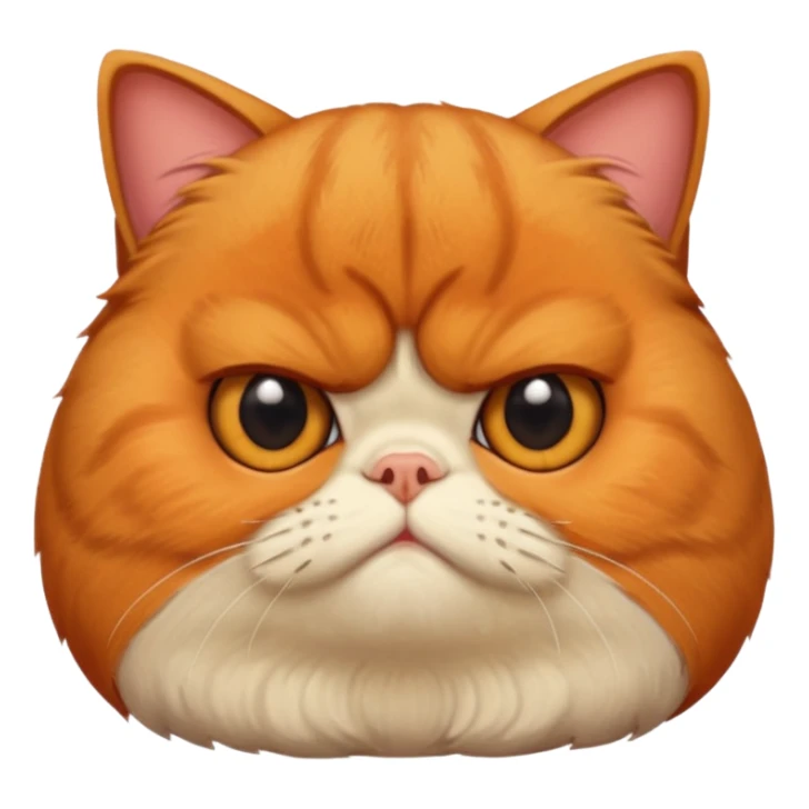 貓咪特徵強調
 
品種/臉型： 以**加菲貓（Garfield cat）或異國短毛貓（Exotic Shorthair）**為原型。
面部特徵： 強調扁臉（Flat face）、極度厭世的表情（Extremely grumpy/grumpy/displeased expression）、深深的皺眉（Deeply furrowed brow）、以及大眼睛（Large eyes）。
毛髮： 擁有雙層、蓬鬆的長毛（Double-coated, fluffy long fur）。 sticker
