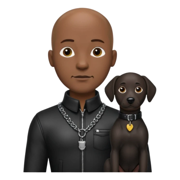 Please create a male character who is dark, bald and hardspm. He is tall well proportioned. He is wearing leather and has a leather dog collar around his neck sticker