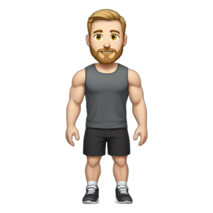 Full height Pale skinned fit man With biceps, light brown hair and short beard In dark gray sleeveless mike, black oversize sports shorts, watch and white sneakers. sticker