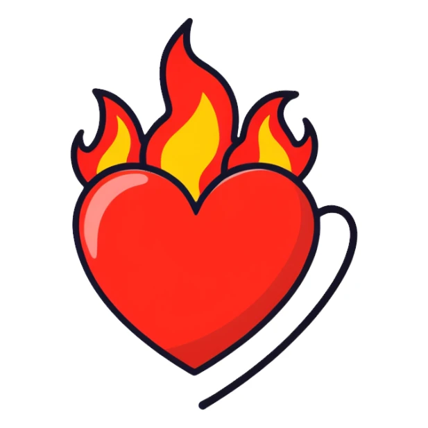 red heart with flames coming off of it all over sticker