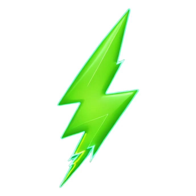 A single neon green lightning bolt emoji, glossy and smooth, vibrant neon green color, high detail, simple and cute design sticker