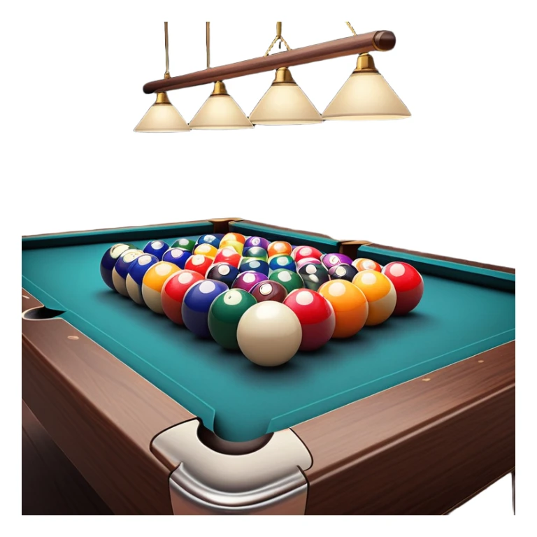 A well-arranged pool table with colorful billiard balls neatly placed, and a cue stick poised to take a shot. The setting is a dimly lit room with a focused atmosphere, highlighting the precision and strategy involved in the game of billiards. sticker