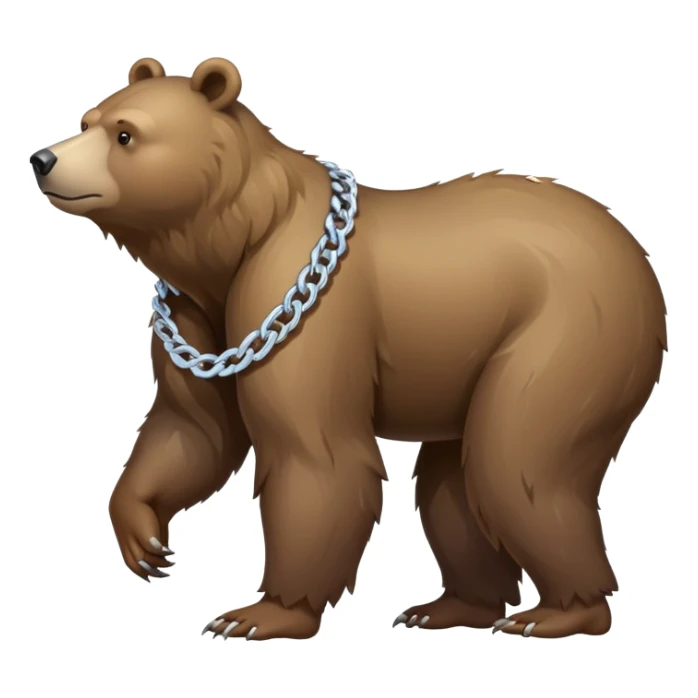 Full-length realistic bear on all four legs in walking position, medium brown color, stern face, head to tail view, ice chain necklace sticker