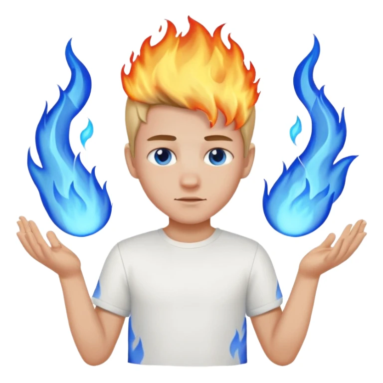 A boy with no hands fire instead made out of fire and blue fire on a white shirt that the boy is wearing  sticker