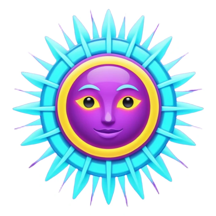 Futuristic glowing sun, neon rays, bright holographic purple and cyan glow, dark background, digital tech style sticker