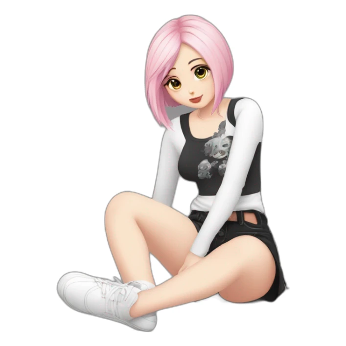 Full body curvy emo girl sits on the floor черная юбка белые трусики рваные полосатые чулки sticker