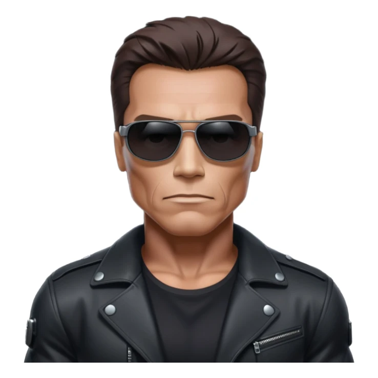 Schwarzenegger-like Terminator, upper body only, wearing his iconic clothes in black (all clothes must be black), looking human but with robotic details, and wearing dark sunglasses, hair must be dark
 sticker