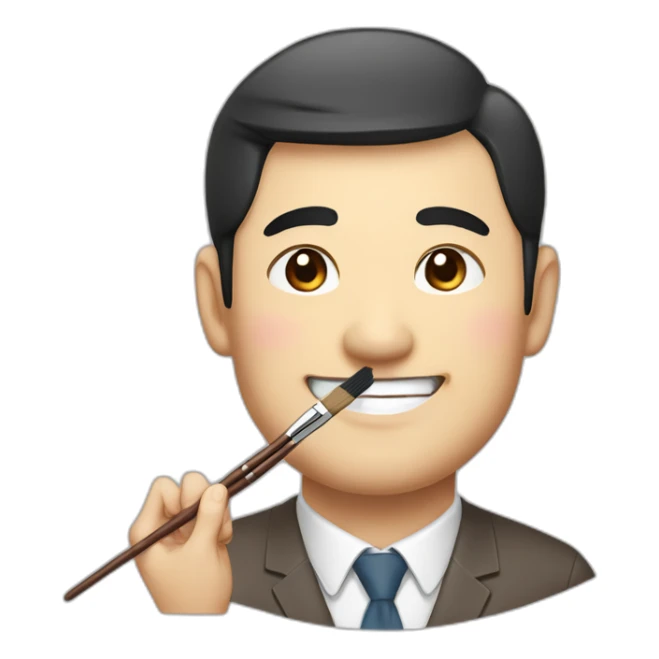 Japanese uncle with a thick round face, slightly droopy eyes, thin eyebrows, large head, cute dark brown hair, holding a brush and pencil, smiling sticker