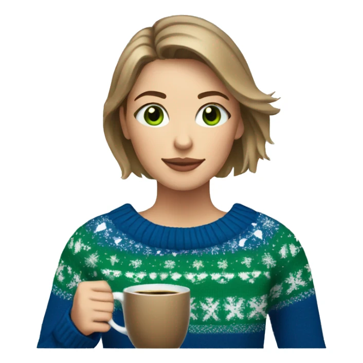 Light brown short haired girl with green eyes drinking coffee wearing blue Christmas sweater sticker