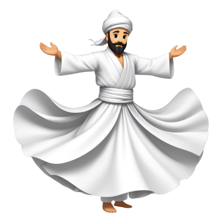 Cinematic Realistic Whirling Dervish Dance Emoji, depicted as a mesmerizing traditional Sufi dance scene with flowing robes and dynamic movement, rendered with vibrant textures and swirling mystical lighting that captures its spiritual energy. sticker