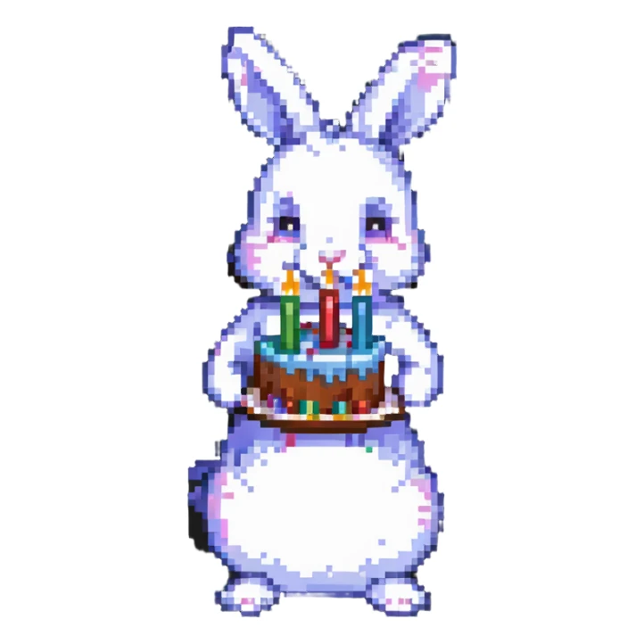 rabbit blowing out birthday cake candles, pixel art style sticker