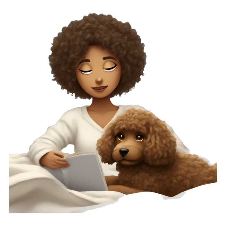 Curly haired girl studying aesthetic with her dog under fluffy blanket sticker