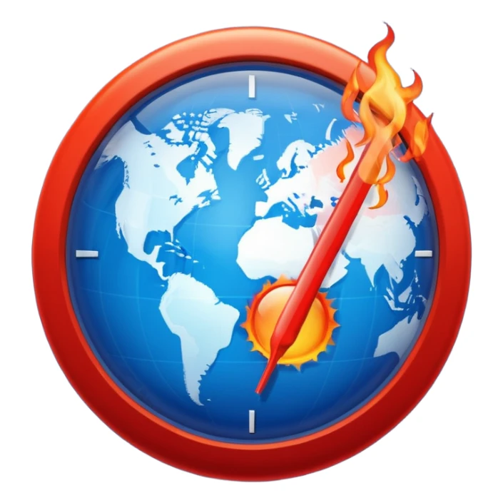 Blue Earth sphere, tilted. Prominent, oversized, fiery red thermometer/gauge, embedded. Indicator peaking 'danger' zone. Stylized orange/red heat waves/wisps rising from top half. Strong blue/red contrast sticker