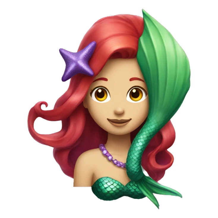 Mermaid with red hair, green tail, and purple seashell top sticker
