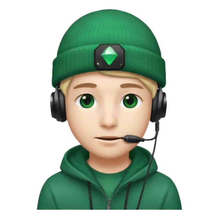 garcon avec un bonnet avec un emeraude dessus et un casque gaming sticker