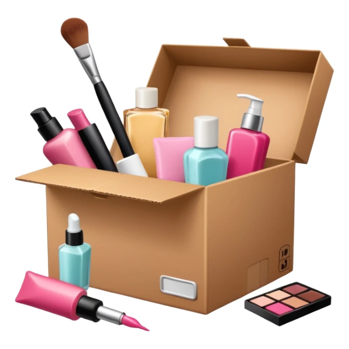 a cardboard box with assorted beauty products like compact, lotion, and nail polish spilling out sticker