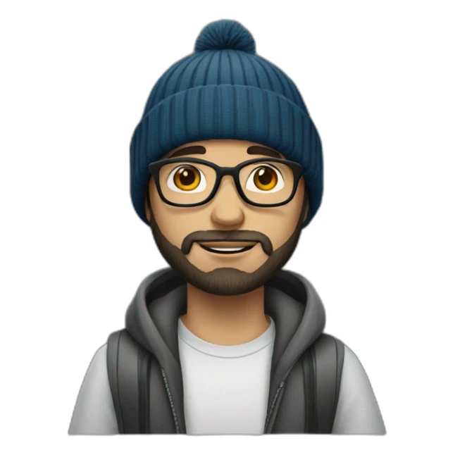 young dark-haired white man with a beanie, glasses and beard sticker