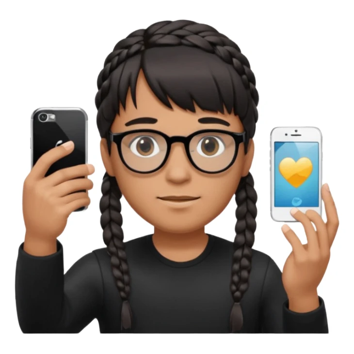 He's wearing black, left braided hair, full bangs, bangs and glasses, and taking a mirror selfie with a white iPhone sticker