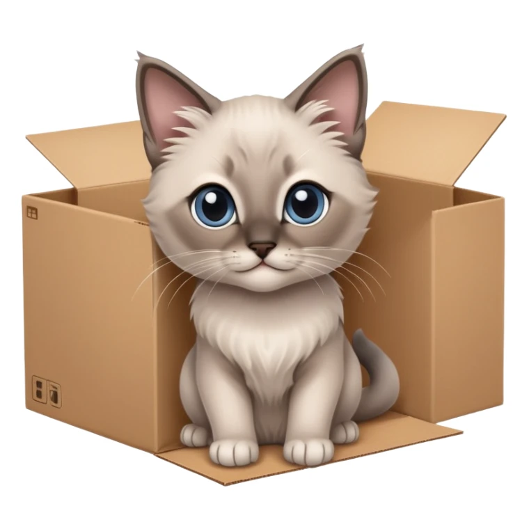  A very cute gery young kitten long hair Siamese Cat cat with one's head tilted to one side poked its paws out of the cardboard big box and placed them on top of it sticker