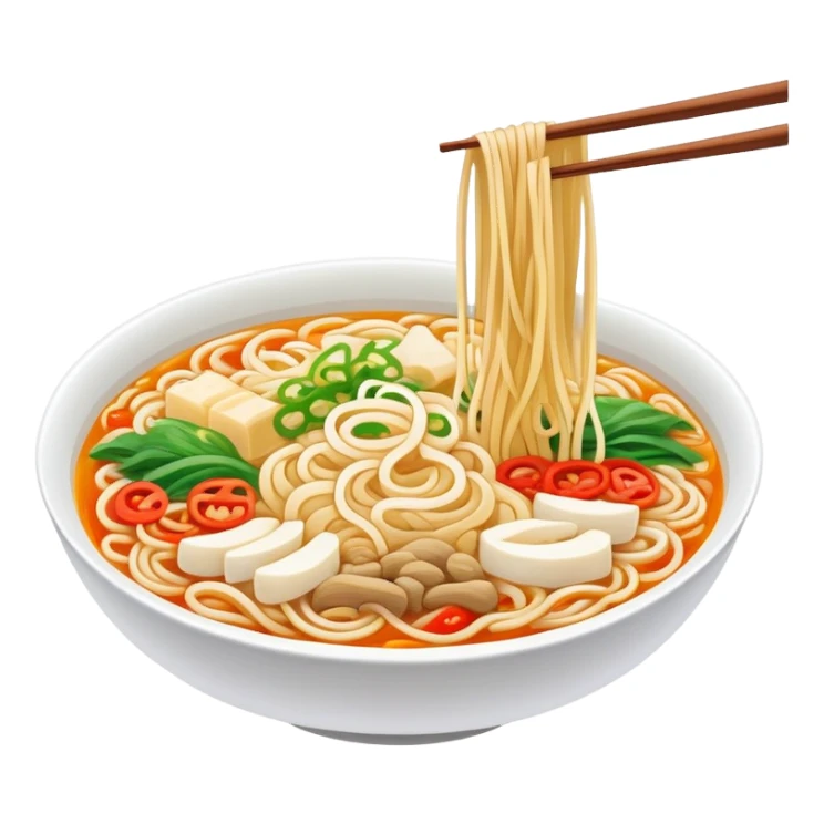 Yunnan over-the-bridge rice noodles with separate ingredients, simplified emoji style with bold outlines and bright colors, cartoon style Chinese noodle dish sticker