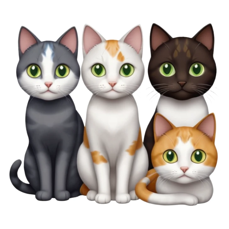 4 different coloured short haired cats including; a dark brown and white cat, and a dark grey and white, and a calico sticker