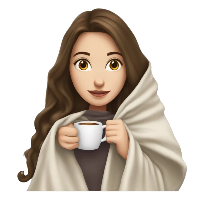 brunette white girl under blanket with coffee cup sticker