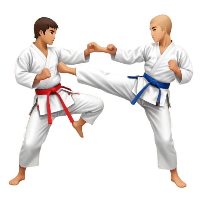 Two karate fighters in traditional gi sparring. One executes a high kick aimed at the opponent’s head, while the other blocks with a strong hand defense. The background features a classic dojo with wooden flooring and banners. Dynamic motion and focused expressions. Transparent background. sticker