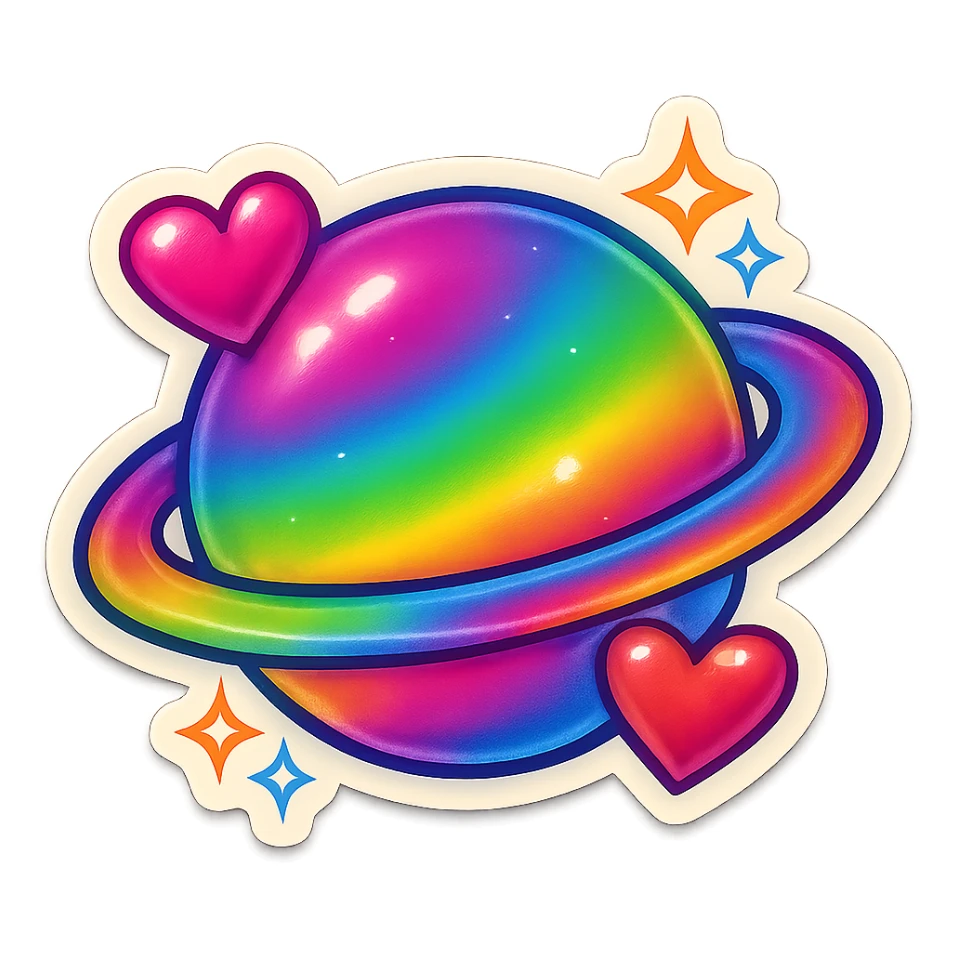 Planet with rainbow gradients, hearts, and sparkly details, Lisa Frank style, emoji sticker