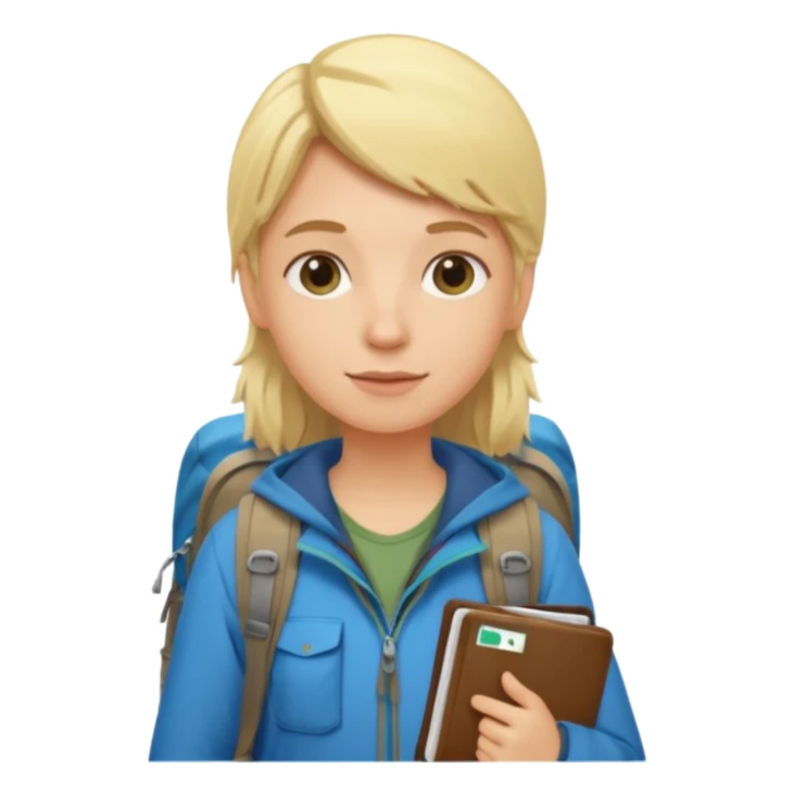 blonder haired Traveler character with passport, backpacker,  sticker