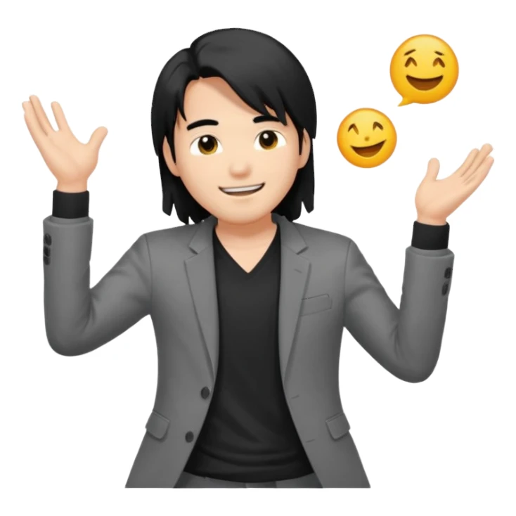 asian young man with long black hair falling on the forehead in grey blazer and black t-shirt smiling  sticker