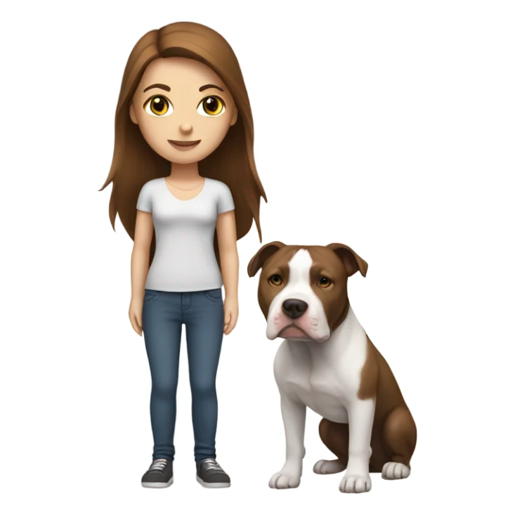 white woman with straight long brown hair standing alongside a white pitbull sticker