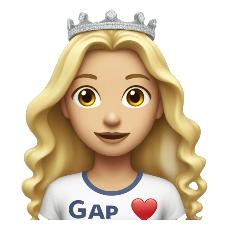 a blonde girl with a crown and a T-shirt that says GAP sticker