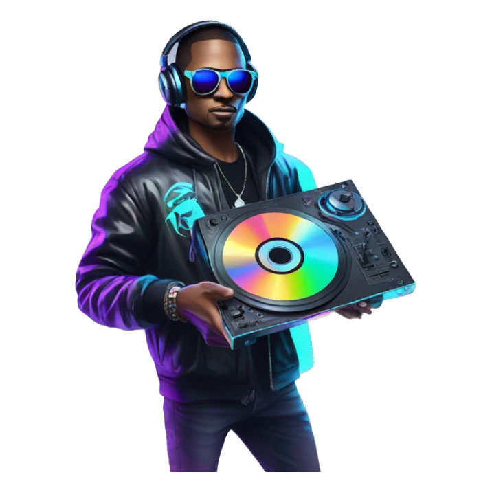A dj wearing sunglasses playing music holding a cd record record, vinyl, oilslick holographic blacklight inverted graffiti dark dull sticker