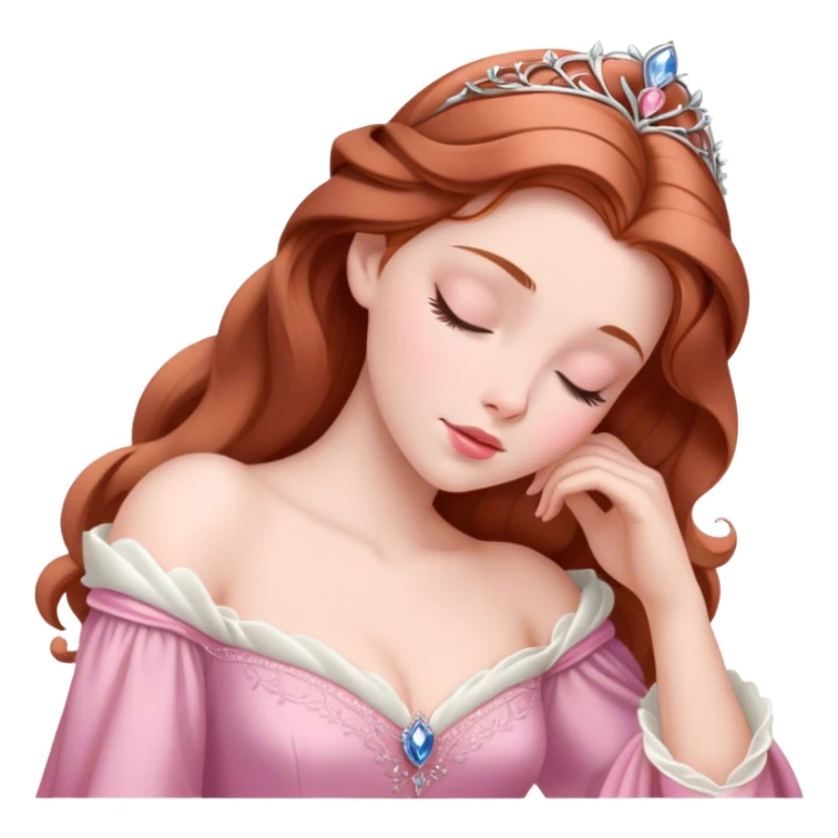 Cinematic Elegant Sleeping Beauty Portrait Emoji, rendered in a realistic, vector-style with minimal shading and bold, simplified shapes. Depict Aurora (Sleeping Beauty) (chest and above) with delicate porcelain skin, soft auburn hair styled gracefully, and gentle, dreamy eyes, dressed in her classic pink gown. The image glows with a soft, enchanting radiance and high shine, capturing timeless regal beauty. sticker