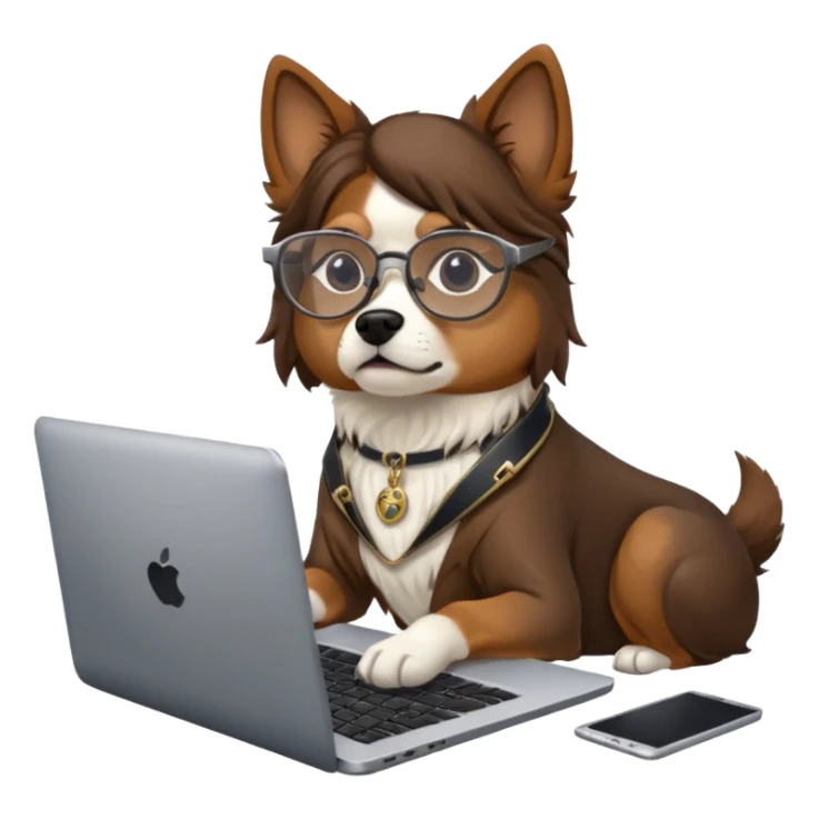 Dog with bayonetta glasses and a laptop, looking tired sticker