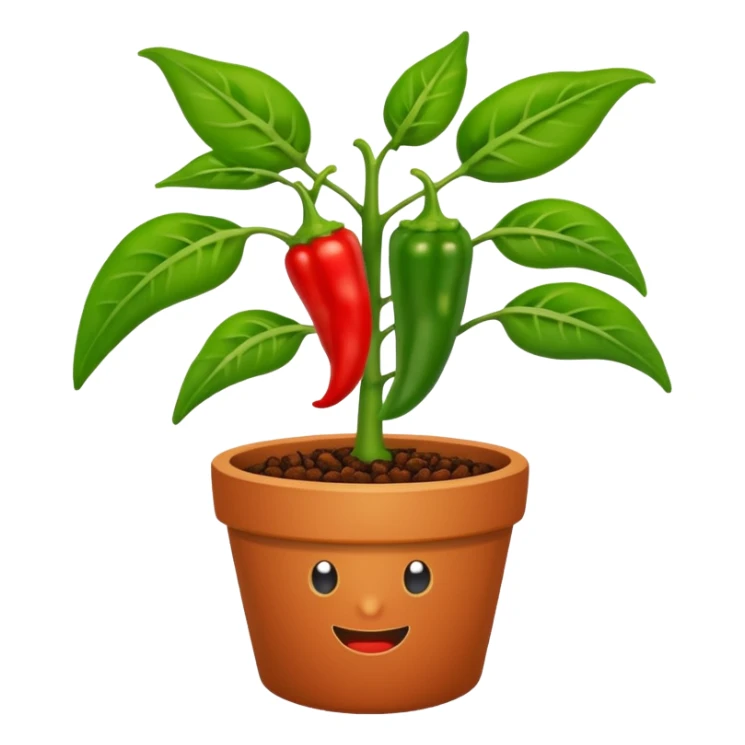 Potted green pepper plant with small chili peppers growing on it sticker