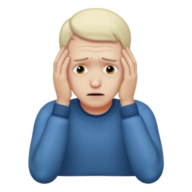 A white man sits at his desk, clutching his head in his hands. sticker