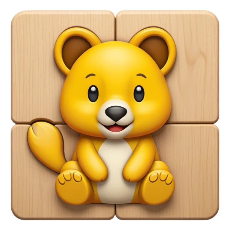 A wooden puzzle animal character with interlocking pieces and a happy expression sticker