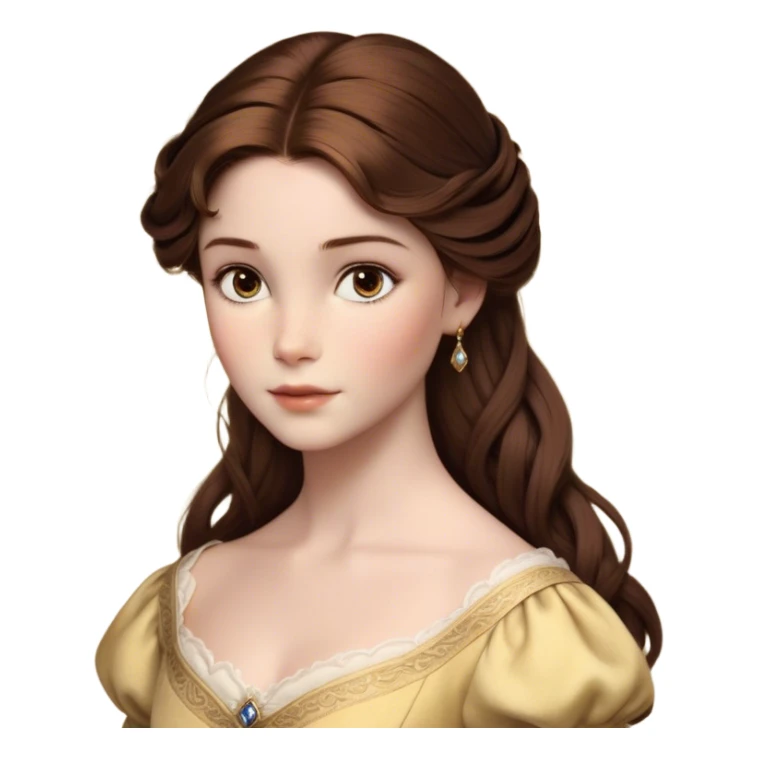 Cinematic Realistic Belle Portrait, depicted with lifelike skin texture, soft natural lighting, and intricately detailed brown hair styled elegantly. Her deep, expressive eyes exude warmth and intelligence, complemented by a serene and graceful expression. She is dressed in her classic attire, with rich fabric textures and delicate folds that catch the light beautifully. The portrait features a soft, enchanting glow with a natural, radiant finish, capturing the essence of timeless beauty in a realistic and painterly style, evoking a sense of depth and authenticity. sticker