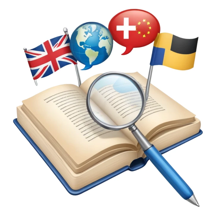 An icon featuring an open book, a pen, and speech bubbles, symbolizing philology and linguistics. The design includes alphabet letters, a magnifying glass, and flags of different countries, representing global languages and communication. Transparent background highlights language study. sticker