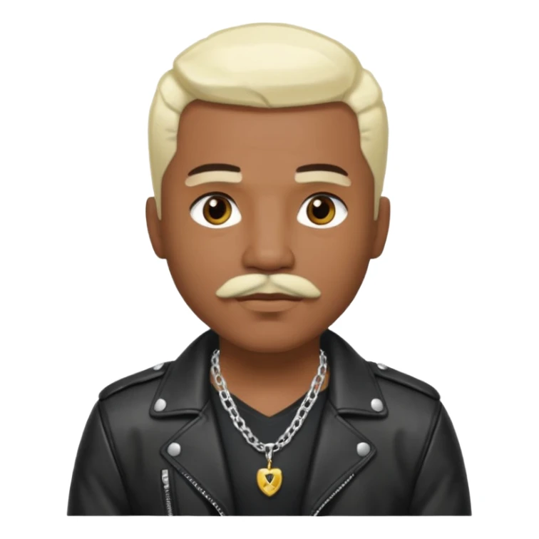 Sisqo, medium dark skin, brown eyes, platinum blonde hair and mustache, black leather jacket with chest and necklace sticker