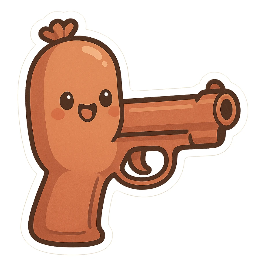 a sausage with pistol features, cute and silly, playful cartoon style sticker