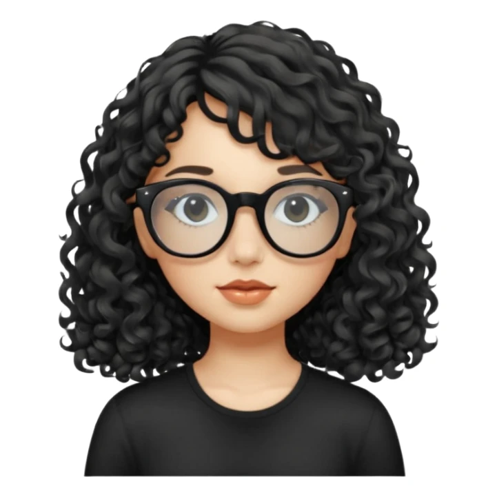 create a frontend girl that has a round face long curly hair with a side curtain bangs and wears black square rayban glasses doesnt smile with her teeth and white sticker