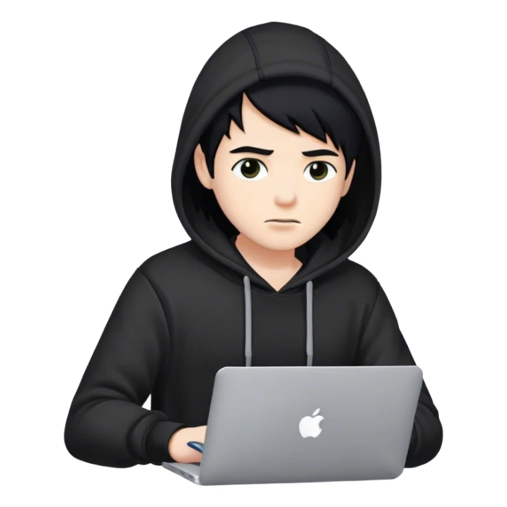 hackeur blanc cheveux noir et capuche noir avec un macbook sticker